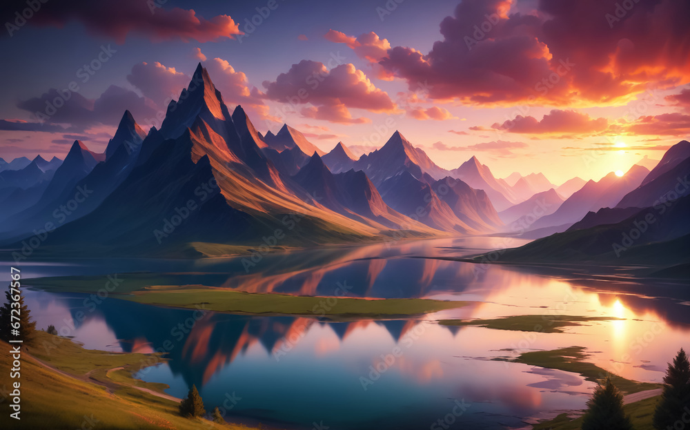 Beautiful landscape, mountains, rivers, sunset. AI