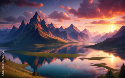 Beautiful landscape, mountains, rivers, sunset. AI © IM_VISUAL_ARTIST