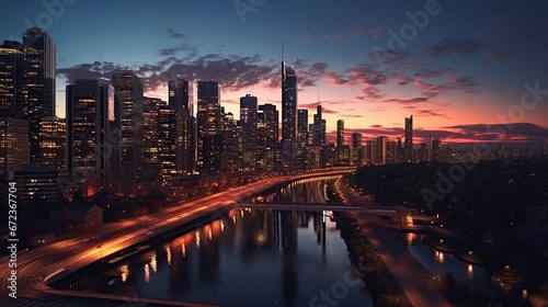 Evening landscape view urban city with lights. AI generated image