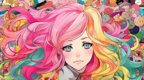 Girl with long, colorful hair. AI Generated
