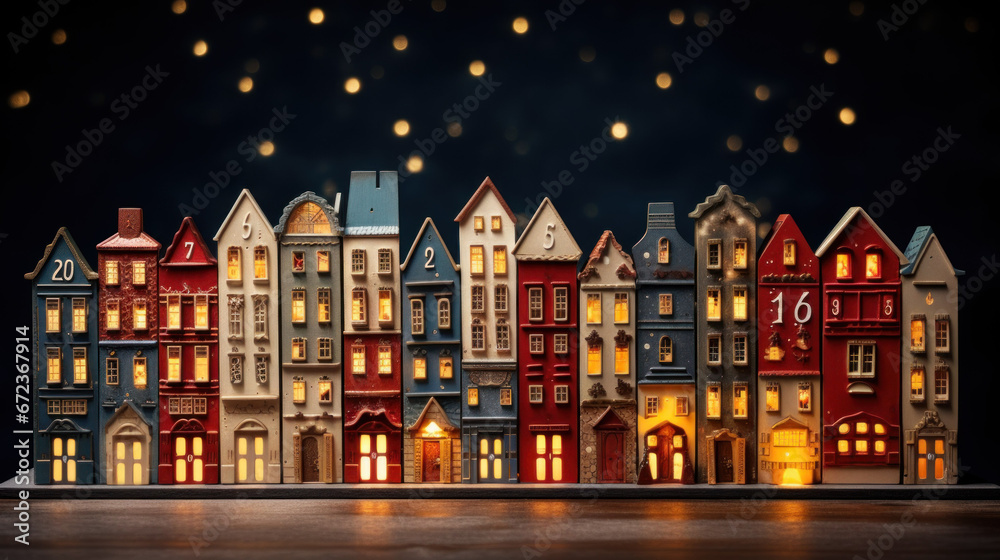 Christmas and New Year miniature houses background web banner. Tiny Christmas advent calendar ceramic houses on bokeh light background. Copy space. Winter greeting card.