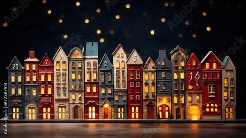 Christmas and New Year miniature houses background web banner. Tiny Christmas advent calendar ceramic houses on bokeh light background. Copy space. Winter greeting card.