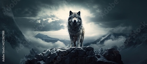 A picture edited to show a solo wolf under the moon