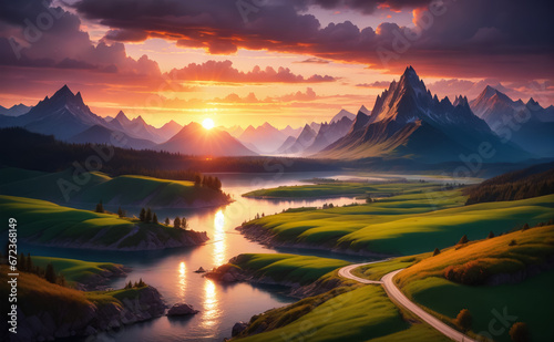 Beautiful landscape, mountains, rivers, sunset. AI