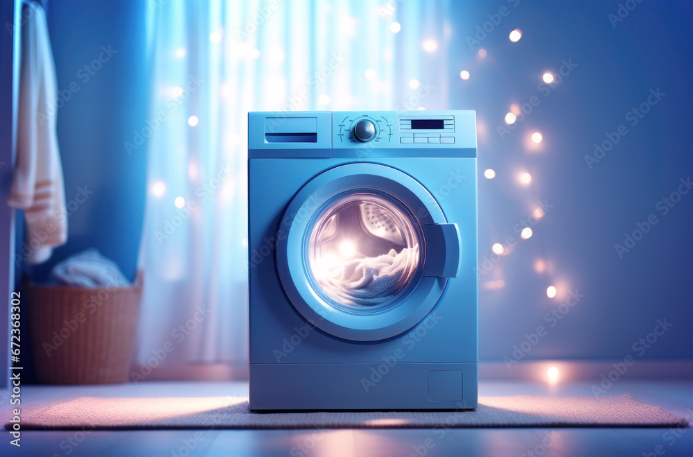 Magical Laundry Moment. A whimsical portrayal of a washing machine in a serene laundry room, surrounded by a soft glow and magical lights, creating an enchanting atmosphere