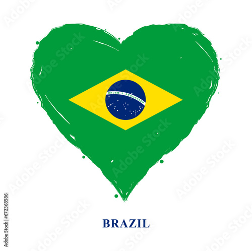 Vector Brazil flag in heart shape with grunge texture. Brazilian flag heart-shaped isolated on black background. Beautiful design country flag of Brazil for banner, poster, sticker, print. Vector