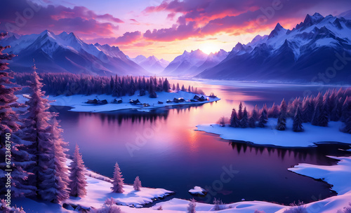 Beautiful winter mountain landscape. AI