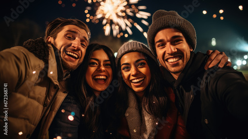 A joyful group of friends gather closely for a selfie, laughing and smiling against a backdrop of dazzling fireworks in an urban setting at night.