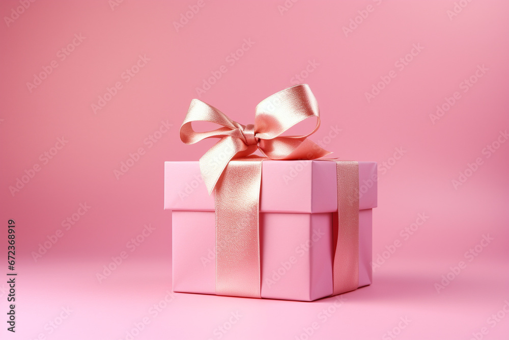 Holiday pink background with gift with satin bow. Valentine's Day, Women's Day, Mother's Day, Wedding, Christmas