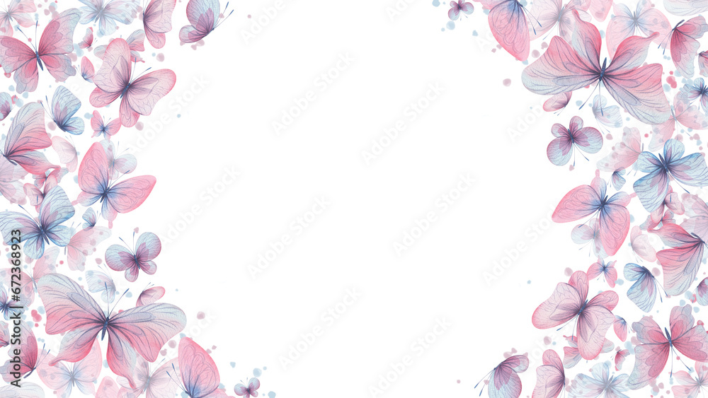 Butterflies are pink, blue, lilac, flying, delicate with wings and splashes of paint. Hand drawn watercolor illustration. Frame, banner, template on a white background, for design.