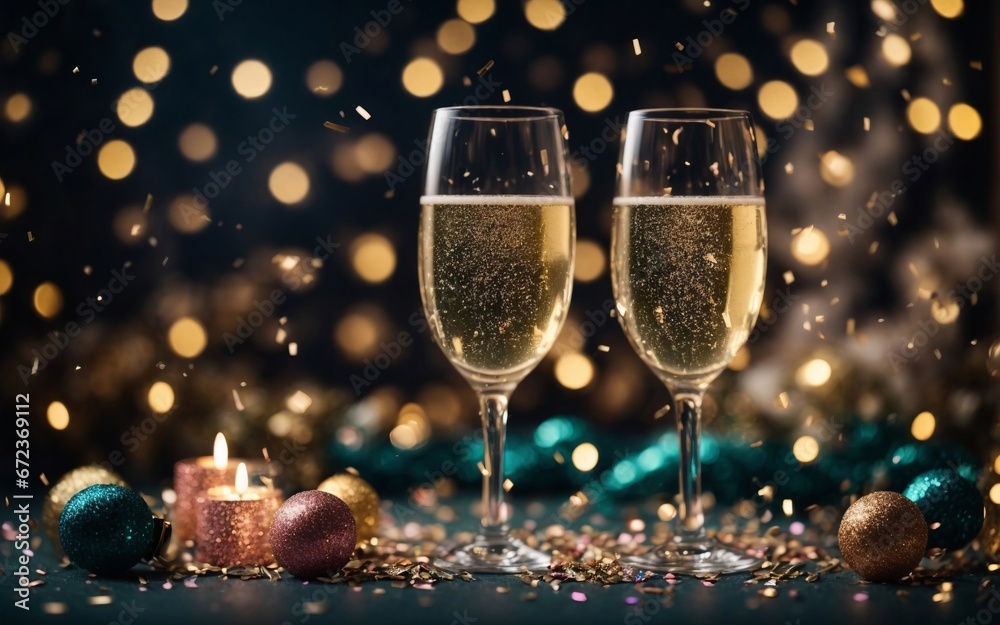Two Elegant Champagne Glasses With a Romantic Candle on a Stylish Table Two Elegant Champagne Glasses With a Romantic Candle on a Stylish Table