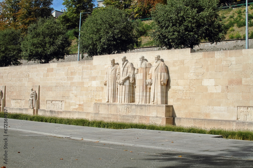 Reformation Wall in the Bastions Parc in Geneva, Switzerland. Monument statues of the calvinistes.