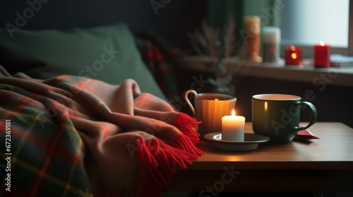 Fall living room decor with candles and soft checkered blanket