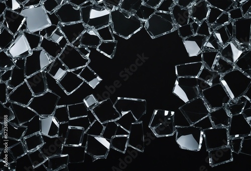 Cracked glass object on black background smashed glass texture shards of broken glass on black wall