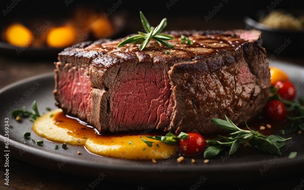 A Juicy Steak with Delicious Garnish on a Plate A Juicy Steak with Delicious Garnish on a Plate