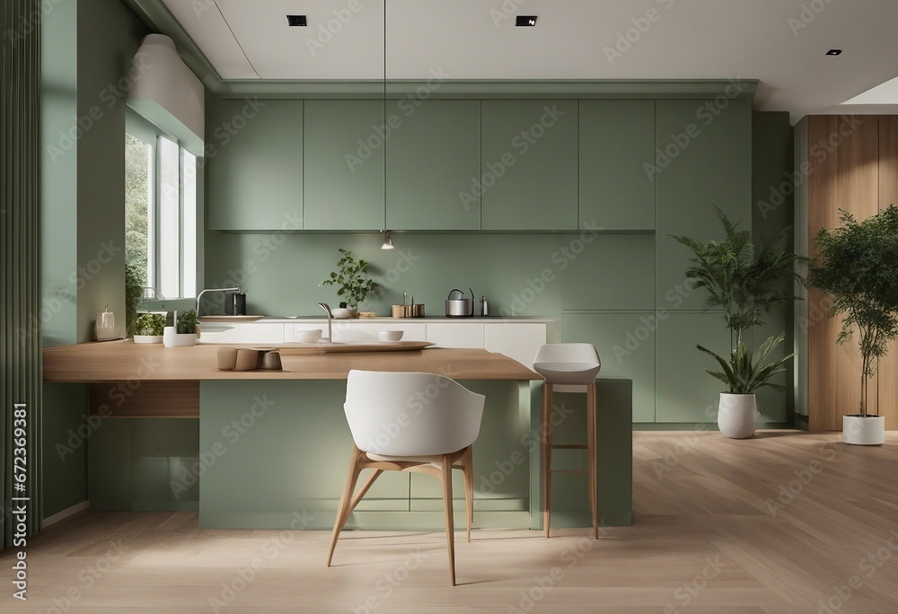 Blank sage green wall partition white baseboard on parquet floor in luxury modern kitchen