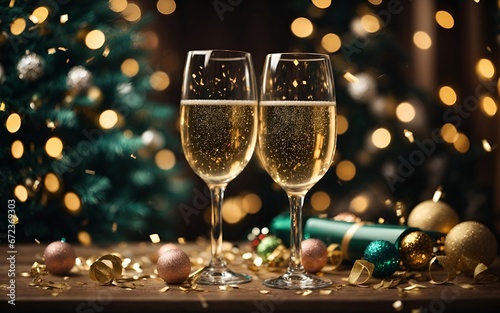 Two Festive Champagne Glasses Sparkling Beside a Glowing Christmas Tree