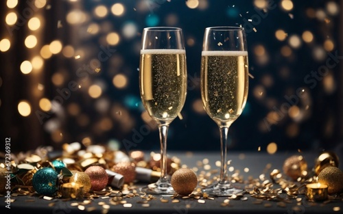 Two Glasses of Sparkling Champagne Celebrating on a Festive Table