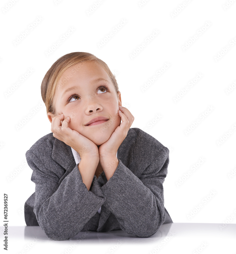 Thinking, idea and child in business clothes on isolated, png and transparent background for comic. Professional, career and young girl wonder, doubt or brainstorming for choice, decision and options Thinking, idea and child in business clothes on isolated, png and transparent background for comic. Professional, career and young girl wonder, doubt or brainstorming for choice, decision and options