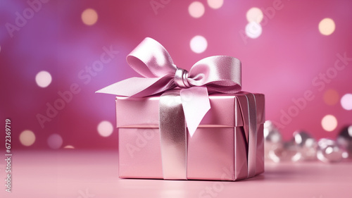 Holiday pink background with gift with satin bow. Valentine's Day, Women's Day, Mother's Day, Wedding, Christmas