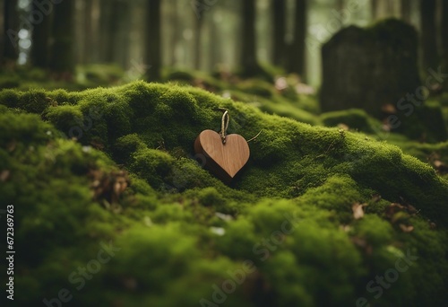 Forest dig cemetery funeral background - Closeup of wooden heart on moss Natural burial grave