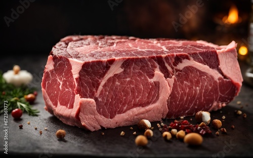A Juicy Slab of Raw Meat on a Wooden Table, Ready for Cooking