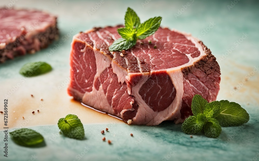 A Juicy Steak with a Fresh Basil Leaf Garnish A Juicy Steak with a Fresh Basil Leaf Garnish
