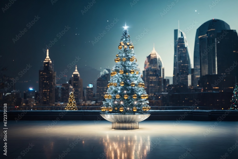 A Glowing Christmas Tree Shining Amidst the Cityscape Lights A Glowing Christmas Tree Shining Amidst the Cityscape Lights