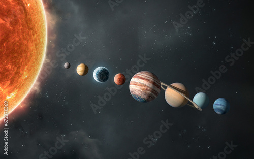 3D illustration of Solar system planets and objects. Sun, Mercury, Venus, planet Earth, Mars, Jupiter, Saturn, Uranus, Neptune. Elements of image provided by Nasa