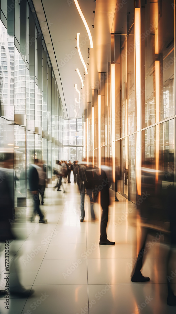 Blurred Silhouettes of Business People in lobby of modern business center. Abstract light motion blur effects, vertical format - obrazy, fototapety, plakaty 
