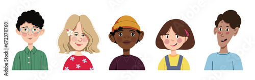 Set of children's avatars. Smiling faces of little kid boys and girls of different ethnicities. Cartoon characters. Vector illustration isolated on a white background.