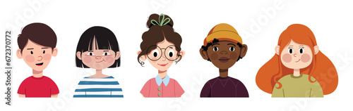 Set of children's avatars. Smiling faces of little kid boys and girls of different ethnicities. Cartoon characters. Vector illustration isolated on a white background.
