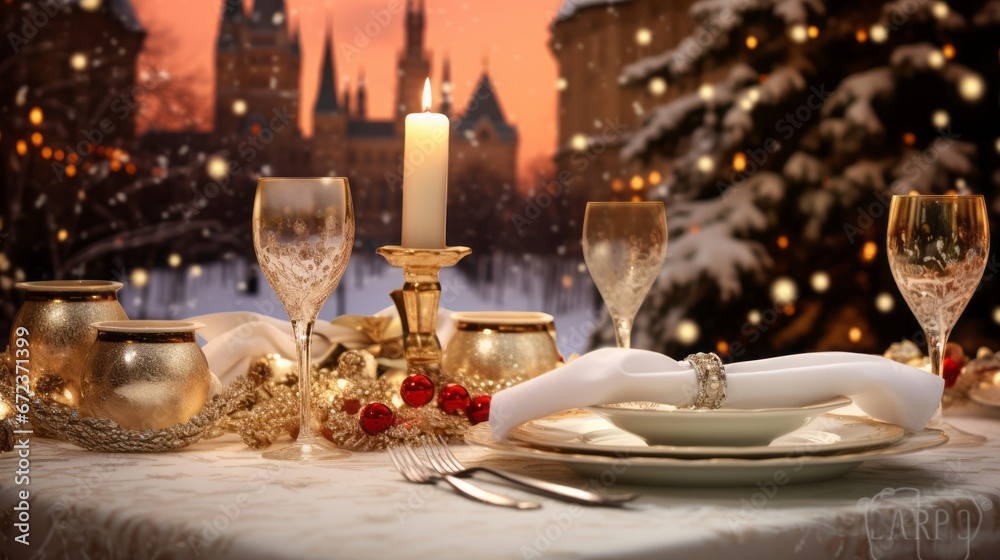 Festive table setting with candles and Christmas decor on the background of the old city Festive table setting with candles and Christmas decor on the background of the old city
