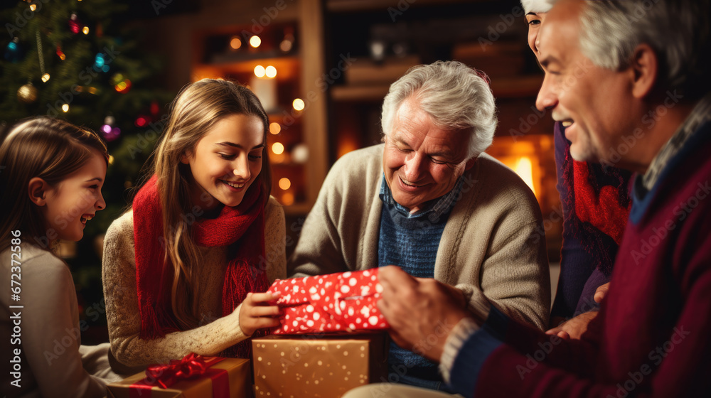 A delighted family share a heartwarming moment while unwrapping a Christmas gift against the backdrop of a glowing festive tree.