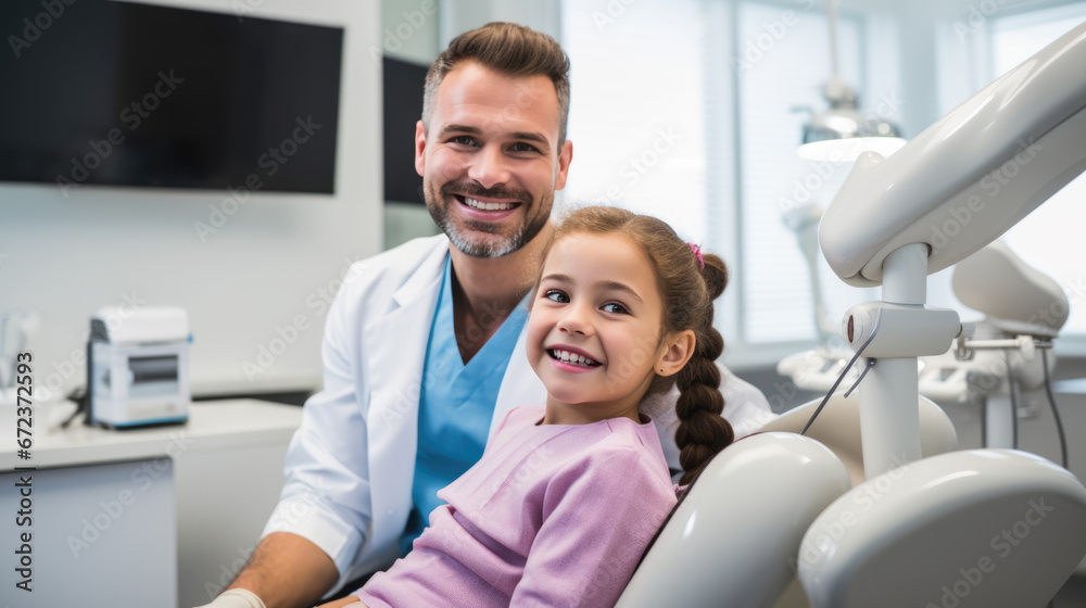 Smiling dentist and a small child at a dental clinic appointment Smiling dentist and a small child at a dental clinic appointment
