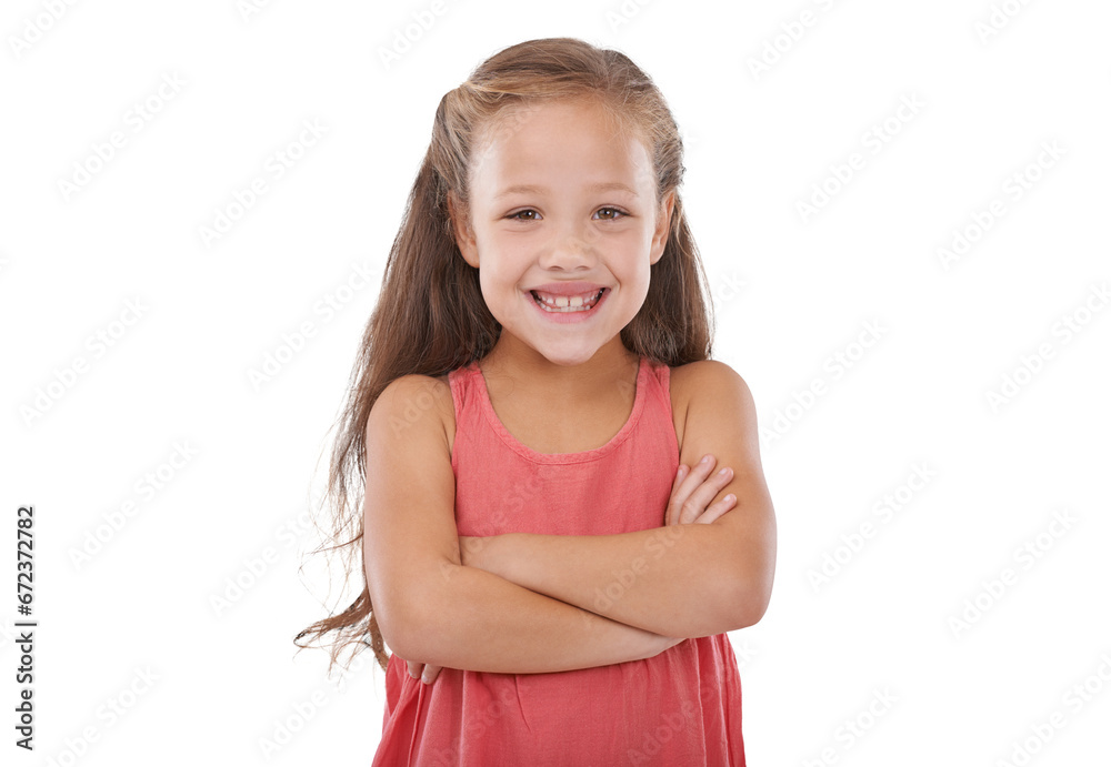 Portrait. children and arms crossed with an adorable girl isolated on a transparent background for growth or child development. Face, smile and happy with a cute young kid on PNG looking confident Portrait. children and arms crossed with an adorable girl isolated on a transparent background for growth or child development. Face, smile and happy with a cute young kid on PNG looking confident