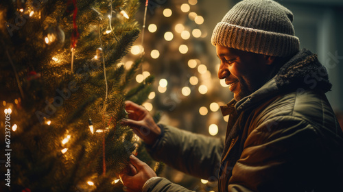 Happy man single-handedly decorates a Christmas tree