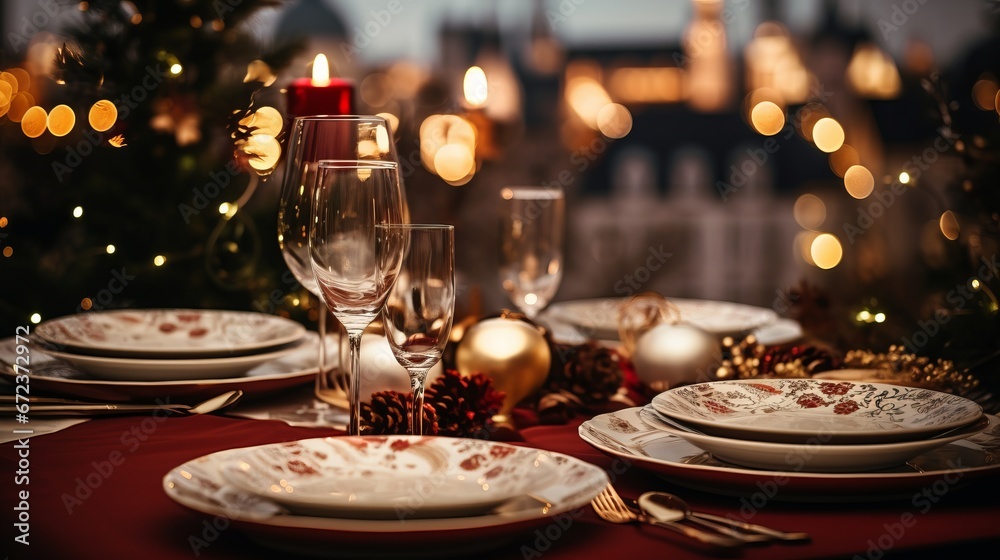 Beautiful Christmas table setting with plates, glasses and cutlery