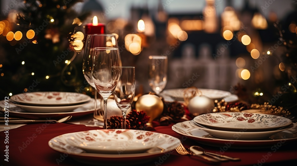 Beautiful Christmas table setting with plates, glasses and cutlery Beautiful Christmas table setting with plates, glasses and cutlery
