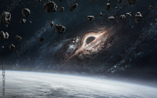 Fototapeta Naklejka Na Ścianę i Meble -  3D illustration of giant black hole and event horizon. 5K realistic science fiction art. Elements of image provided by Nasa