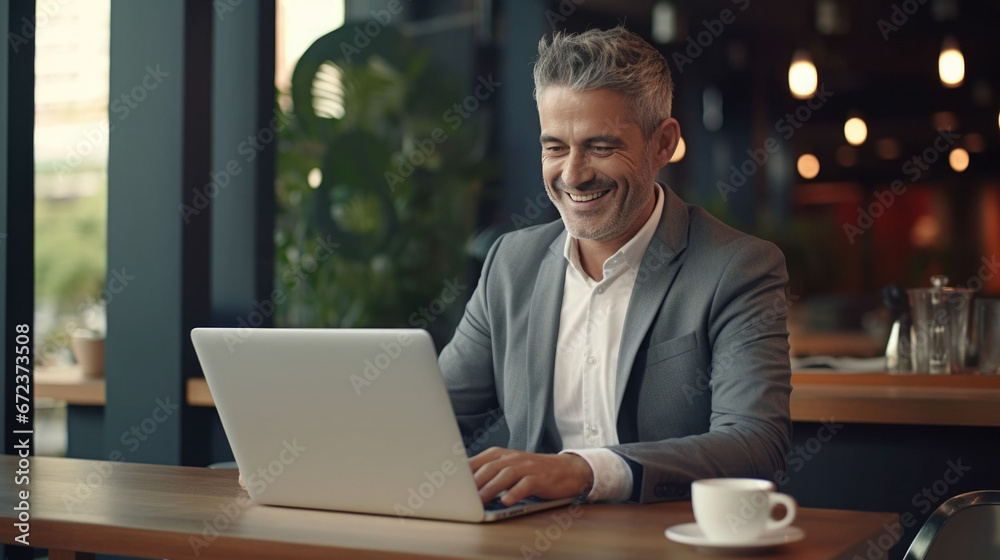 Confident smiling businessman enjoying his work on a laptop in a chic cafe. Business in leisure concept Confident smiling businessman enjoying his work on a laptop in a chic cafe. Business in leisure concept