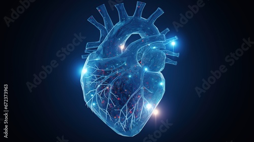 Human heart shape neon glowing light low poly style. AI generated image