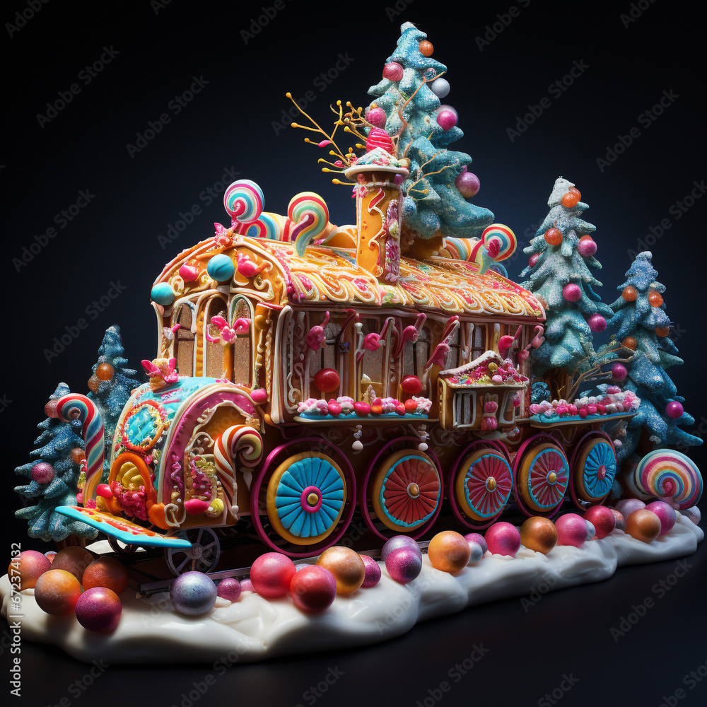 
Christmas Gingerbread Train, Fantasy, Put train on the train decorated with lots of candy, Candy tree forest. with a VERY Sunny and bright blue sky,