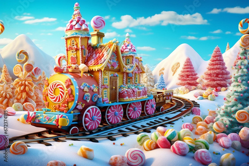  Christmas Gingerbread Train, Fantasy, Put train on the train decorated with lots of candy, Candy tree forest. with a VERY Sunny and bright blue sky,