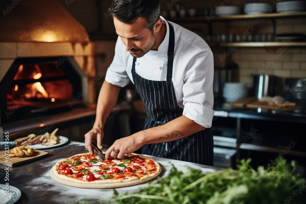 A Male chef makes pizza in a restaurant