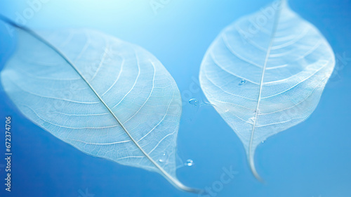  two large white leaves floating on a blue surface with water droplets.  generative ai