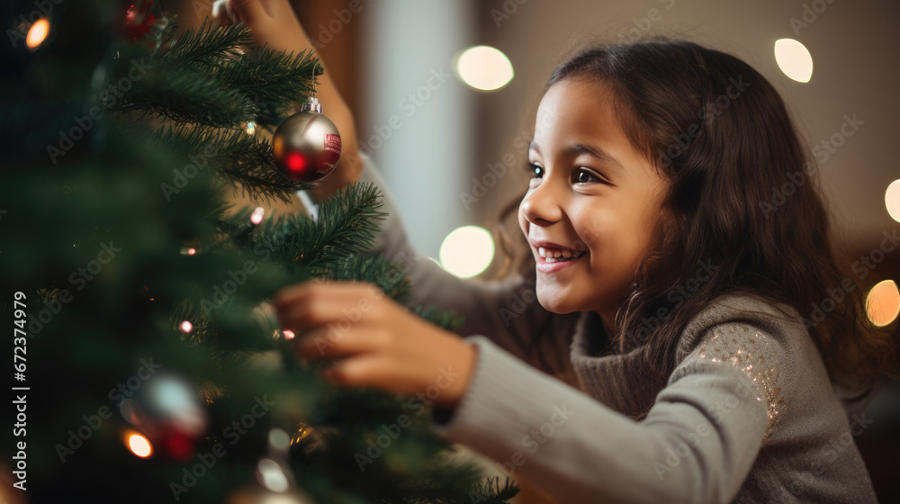 A joyful girl is decorating a glistening Christmas tree, with a warm and festive ambiance surrounding her.