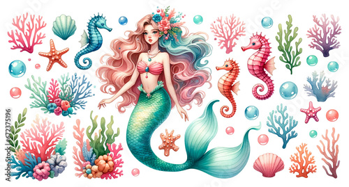 Whimsical illustration of mermaid with flowing multi-colored hair, marine life like seahorses, starfish, vibrant corals, watercolor clipart, isolated