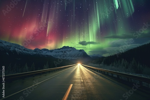 Photo of mountains during the northern lights, long straight asphalt road with light at the end of the route. photo