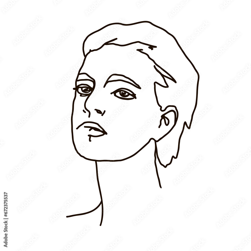 line drawing of woman face. Cute female linear portrait. Outline  woman avatar
